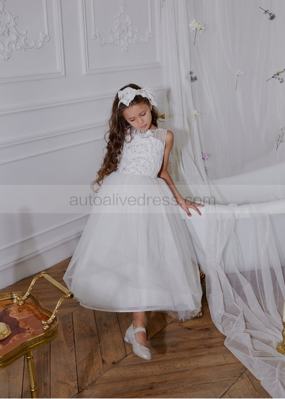 Ivory 3D Flowers Deep V Back Flower Girl Dress